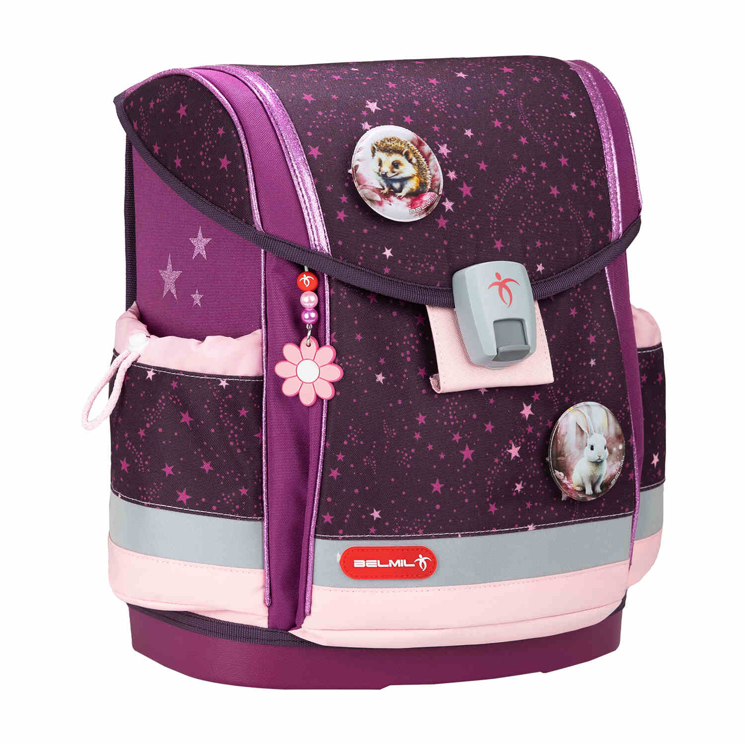 Image showing the Fidlock magnetic buckle on the Belmil Classy Plus Magical Stars School Bag for easy access.