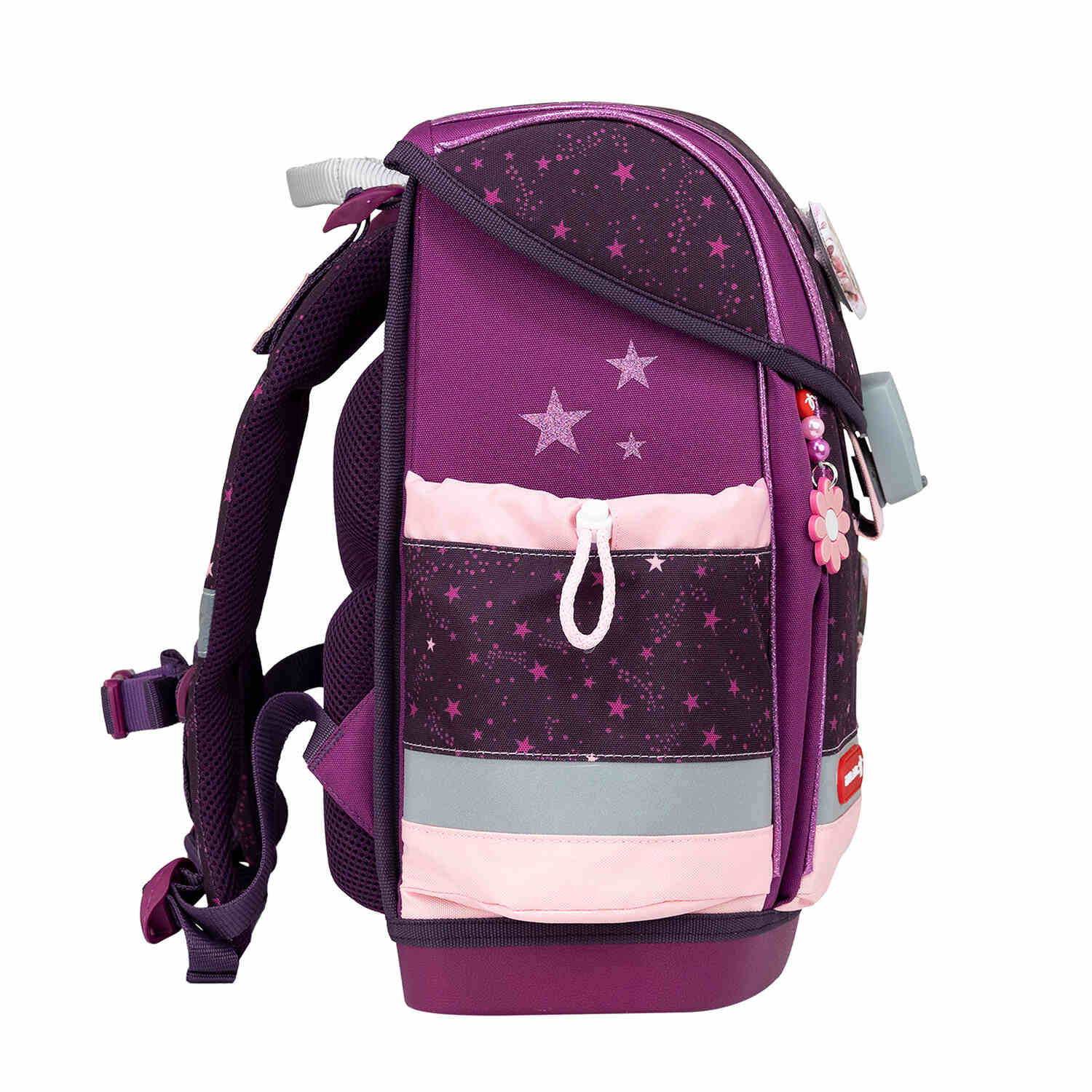 Reflective elements on the Belmil Classy Plus Magical Stars Ergonomic School Bag enhance safety for kids during low-light conditions.