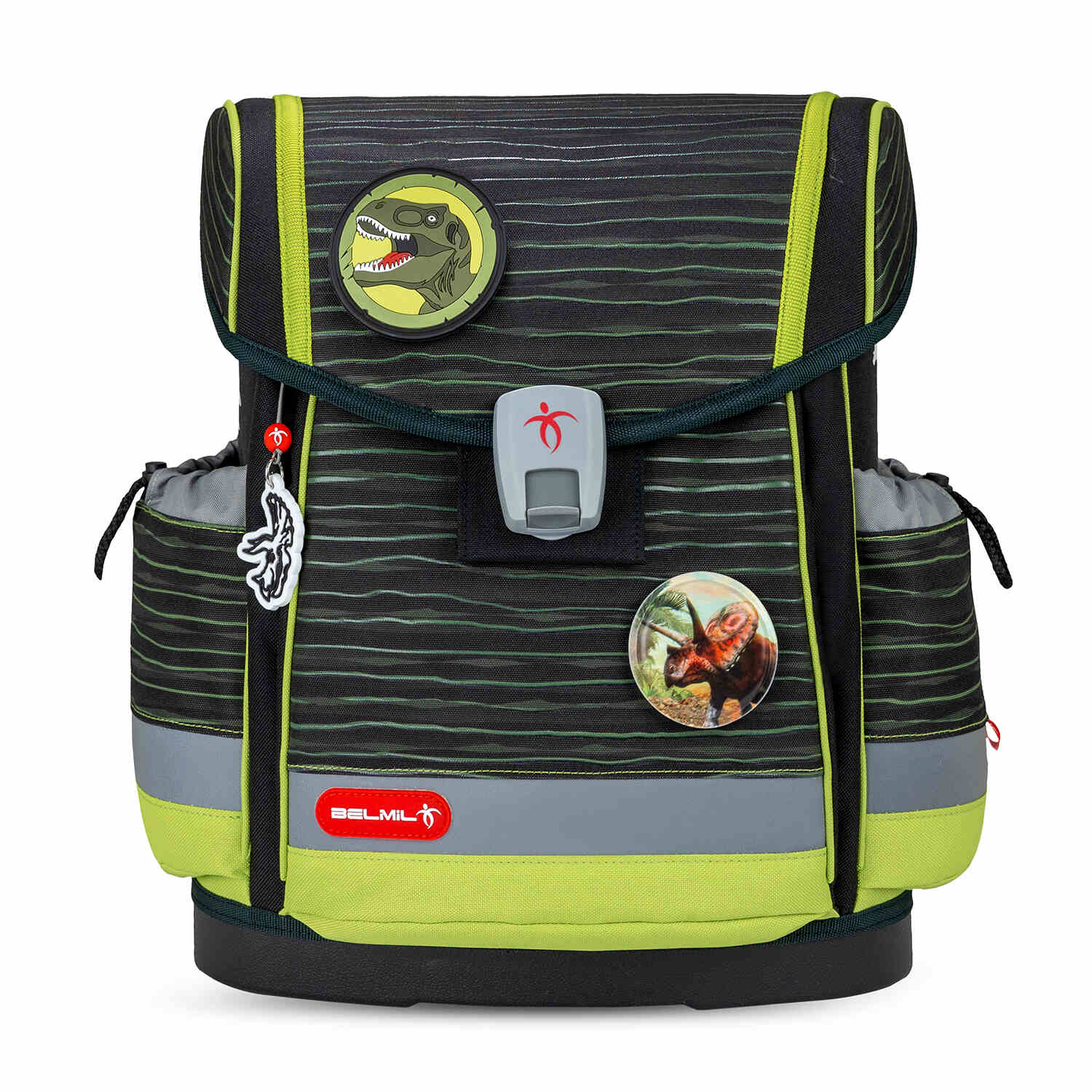 Interior compartments of the Belmil Classy Plus Prehistoric Times School Bag Set for Boys + Lost World Patch Set (5 pcs) showing organization features.