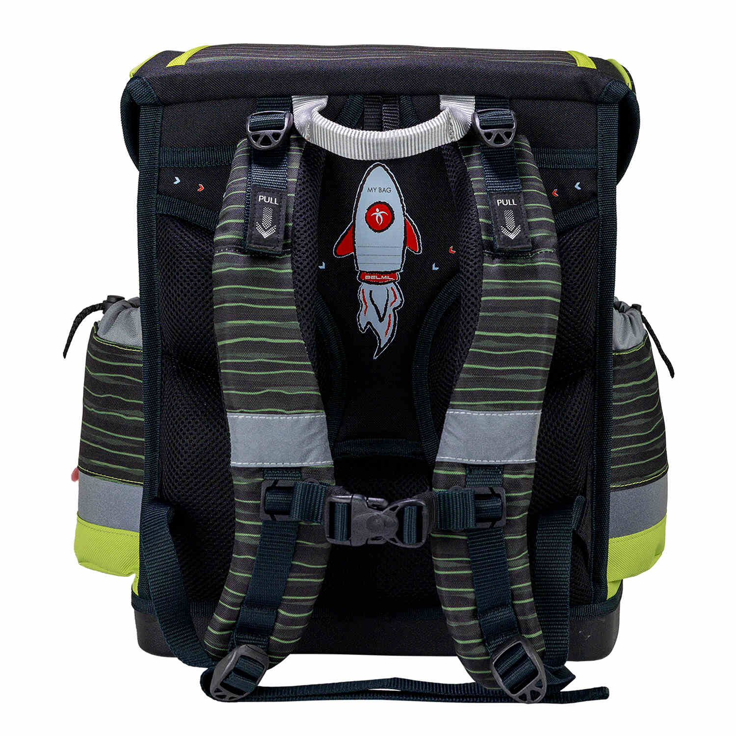 Display of the entire Belmil Classy Plus Prehistoric Times School Bag Set for Boys + Lost World Patch Set (5 pcs) including gym bag and pencil case.