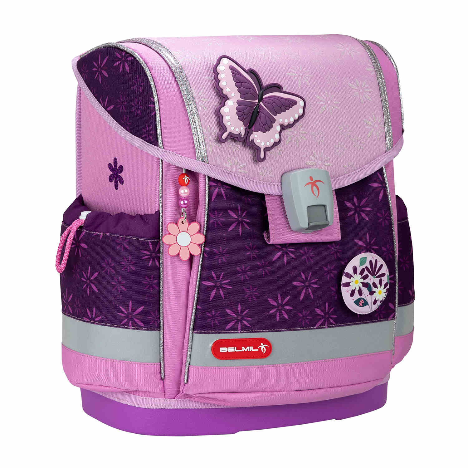 The interior organization of the Ergonomic School Bag Set for Girls – Belmil Classy Plus Purple Spring School Bag Set 5 pcs with multiple compartments.