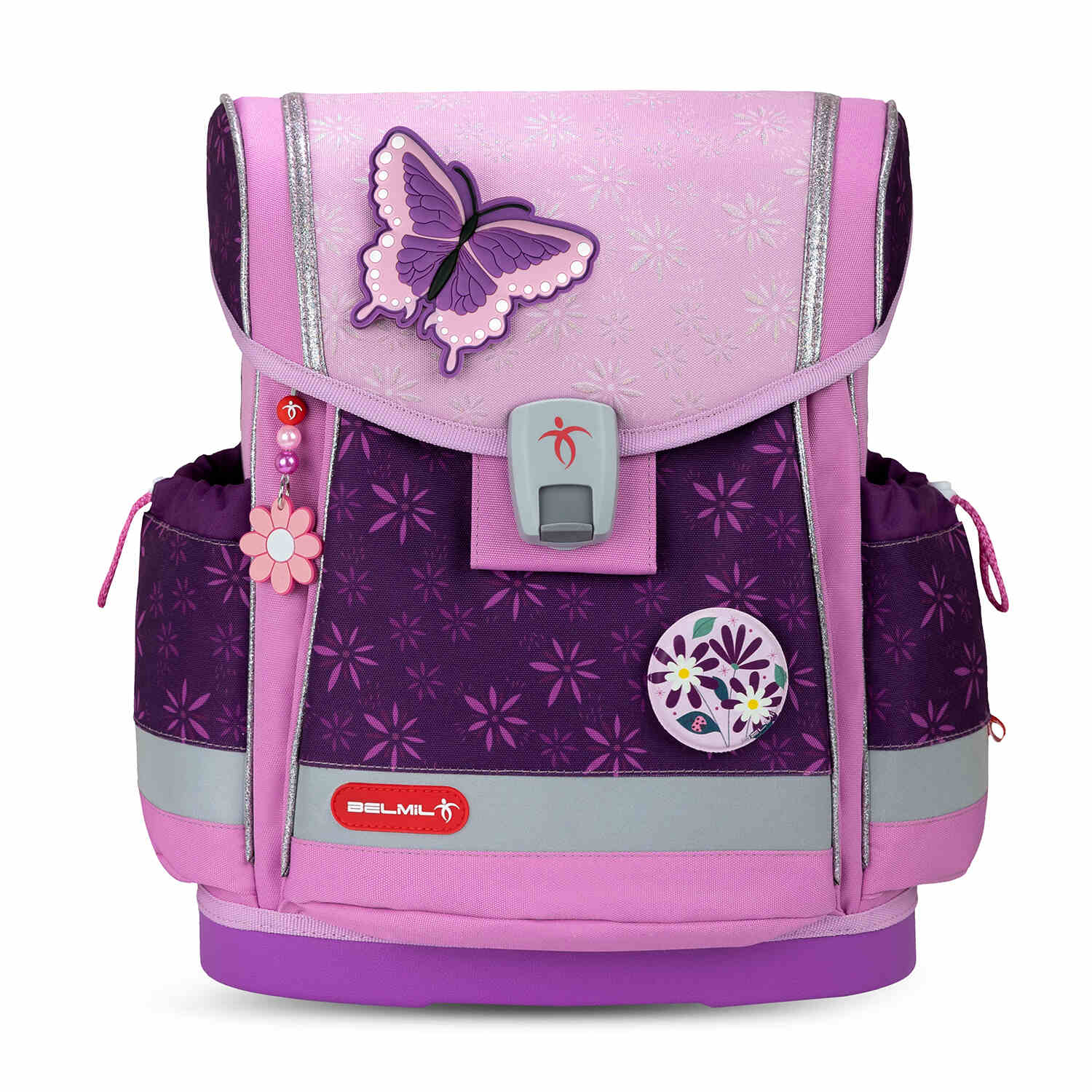 Stylish back view of the Ergonomic School Bag Set for Girls – Belmil Classy Plus Purple Spring School Bag Set 5 pcs showcasing adjustable straps.