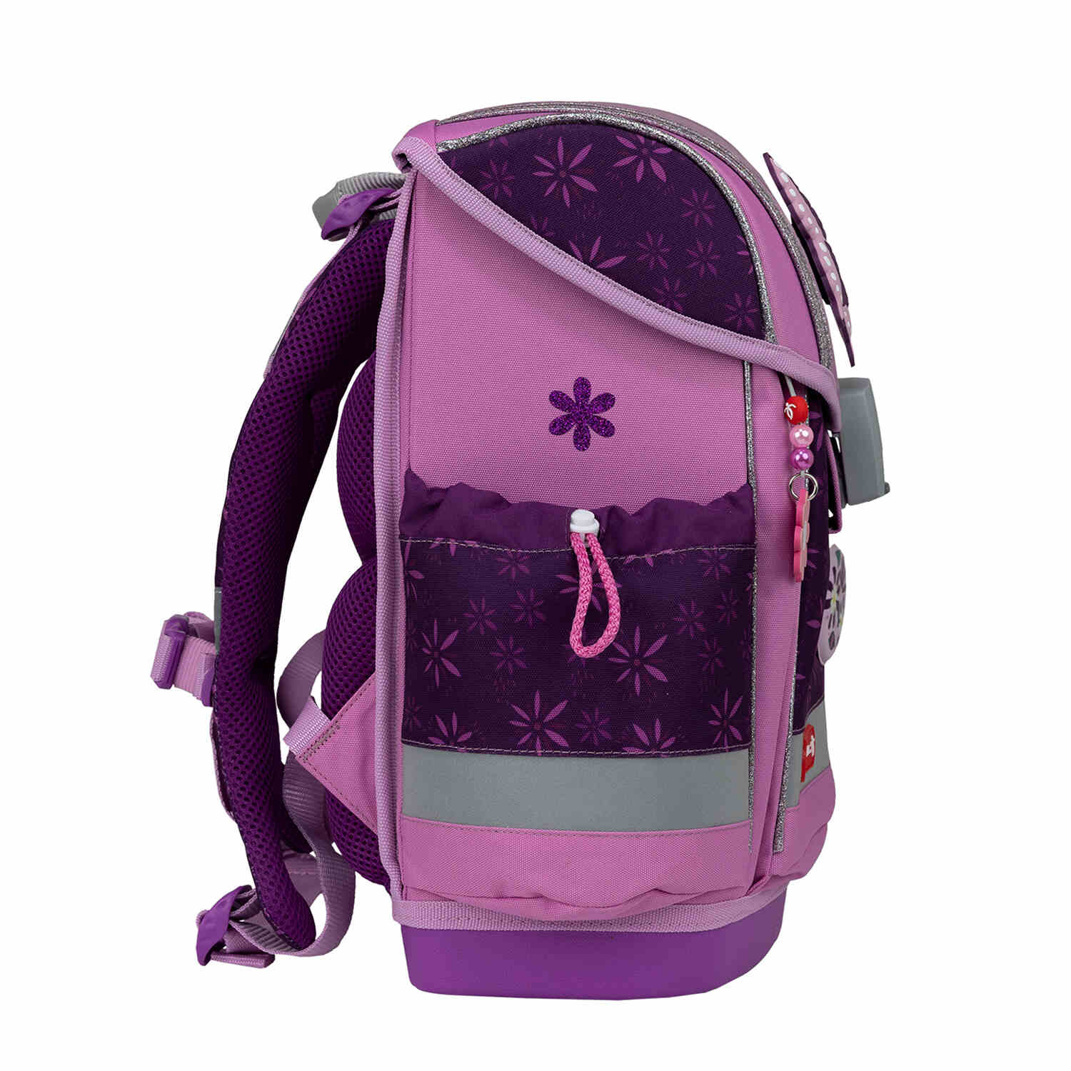 Reflective elements on the Ergonomic School Bag Set for Girls – Belmil Classy Plus Purple Spring School Bag Set 5 pcs enhancing visibility.
