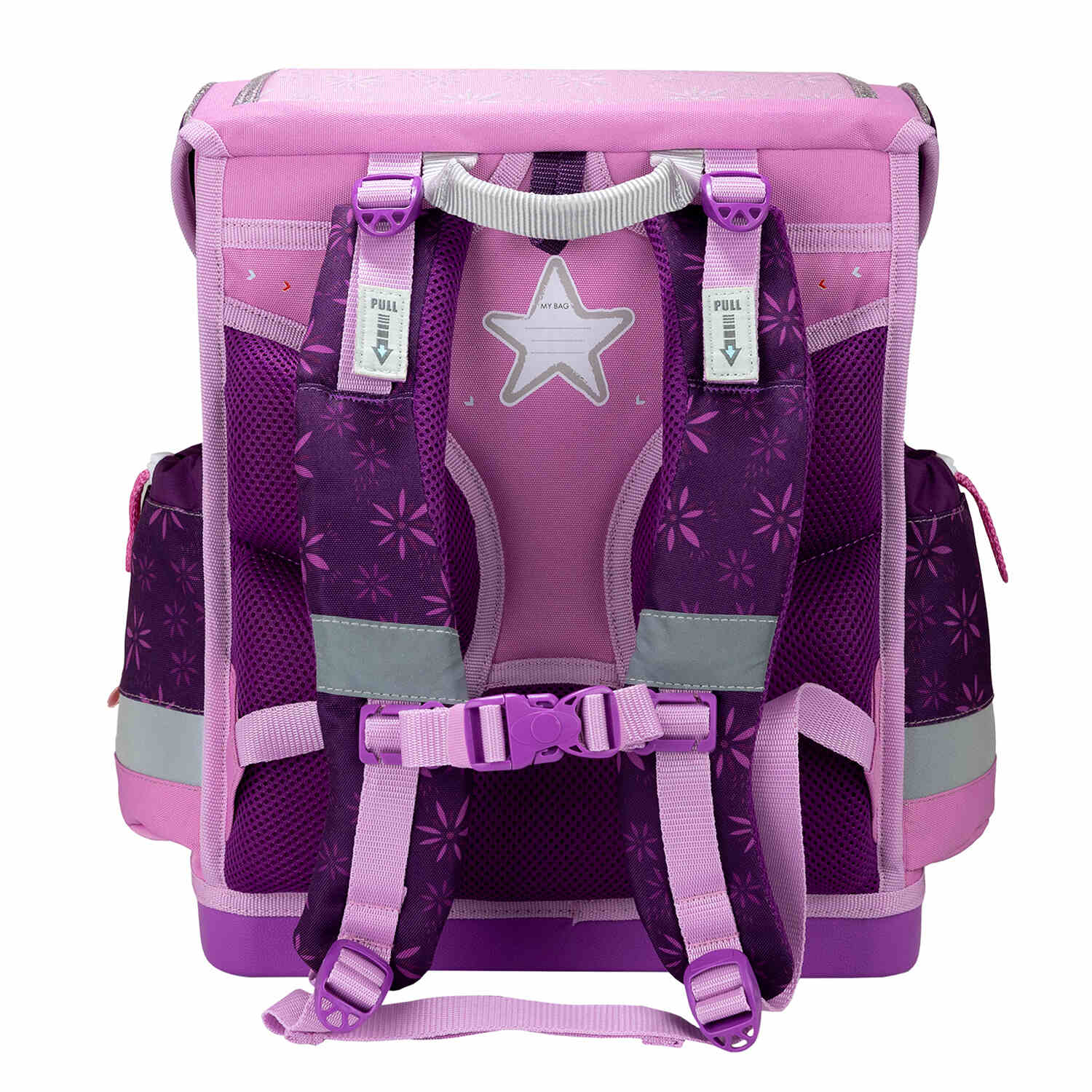 Detail of the Fidlock magnetic buckle on the Ergonomic School Bag Set for Girls – Belmil Classy Plus Purple Spring School Bag Set 5 pcs for easy access.