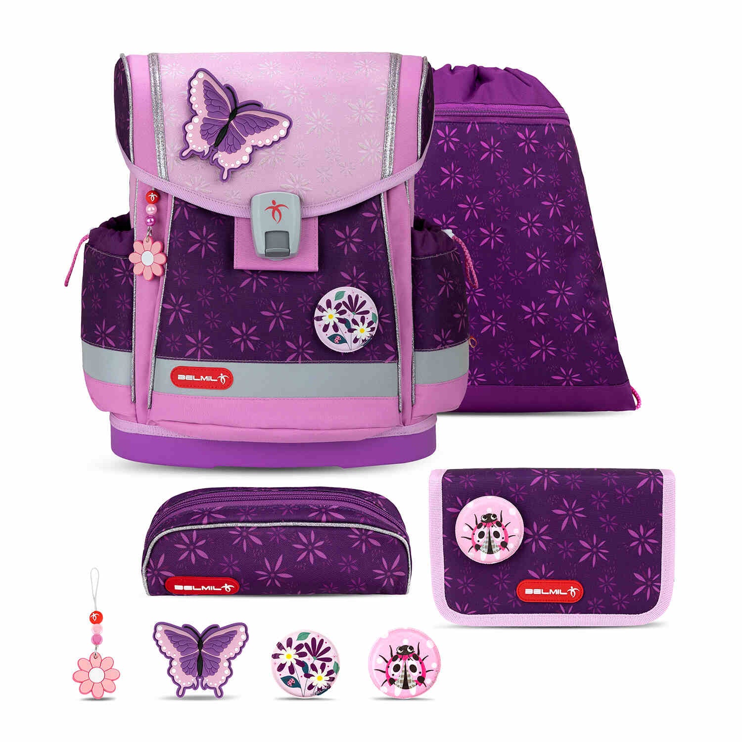 Ergonomic School Bag Set for Girls – Belmil Classy Plus Purple Spring School Bag Set 5 pcs featuring vibrant floral prints and butterfly patches.