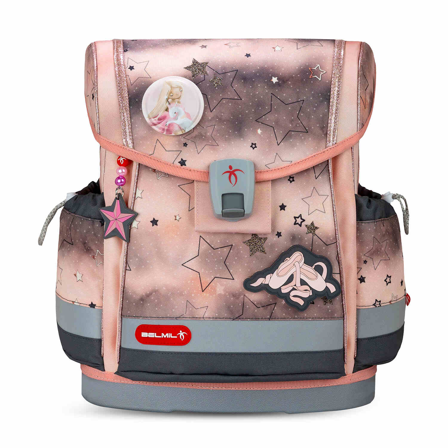 Reflective elements on the Ergonomic School Bag Set for Girls – Belmil Classy Plus Rose Ballet School Bag Set 5 pcs enhancing visibility.