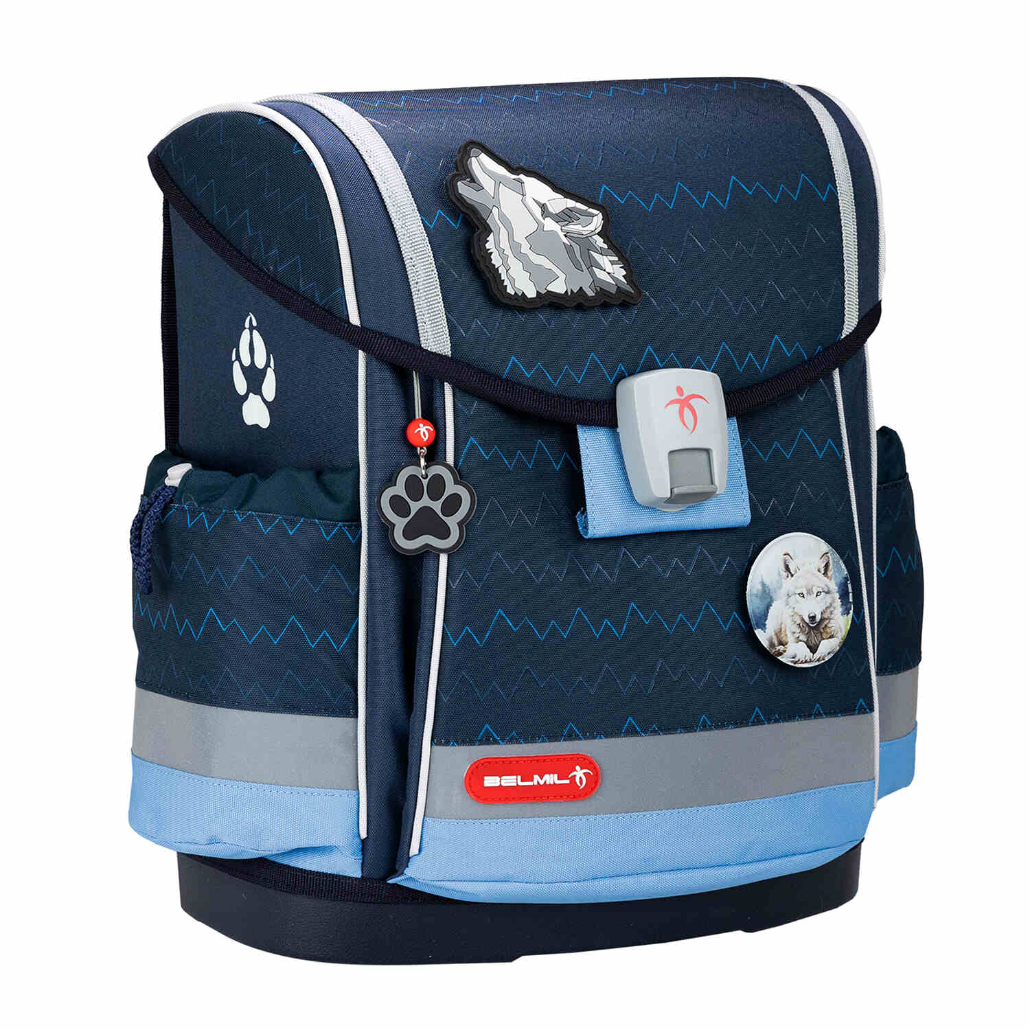 Ergonomic School Bag Set for Boys – Belmil Classy Plus Wolves School Bag Set 5 pcs featuring the adjustable chest and shoulder straps.