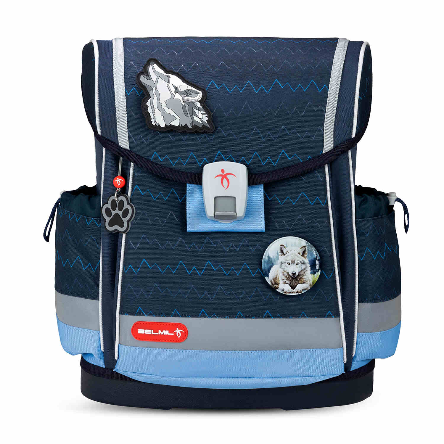 Complete Ergonomic School Bag Set for Boys – Belmil Classy Plus Wolves School Bag Set 5 pcs including gym bag, pencil case, and pouches.