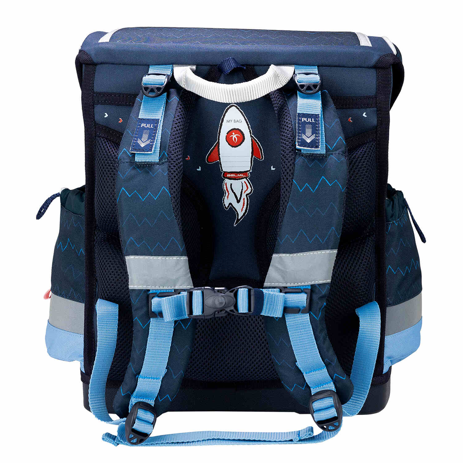 Reflective elements on the Ergonomic School Bag Set for Boys – Belmil Classy Plus Wolves School Bag Set 5 pcs to enhance visibility.