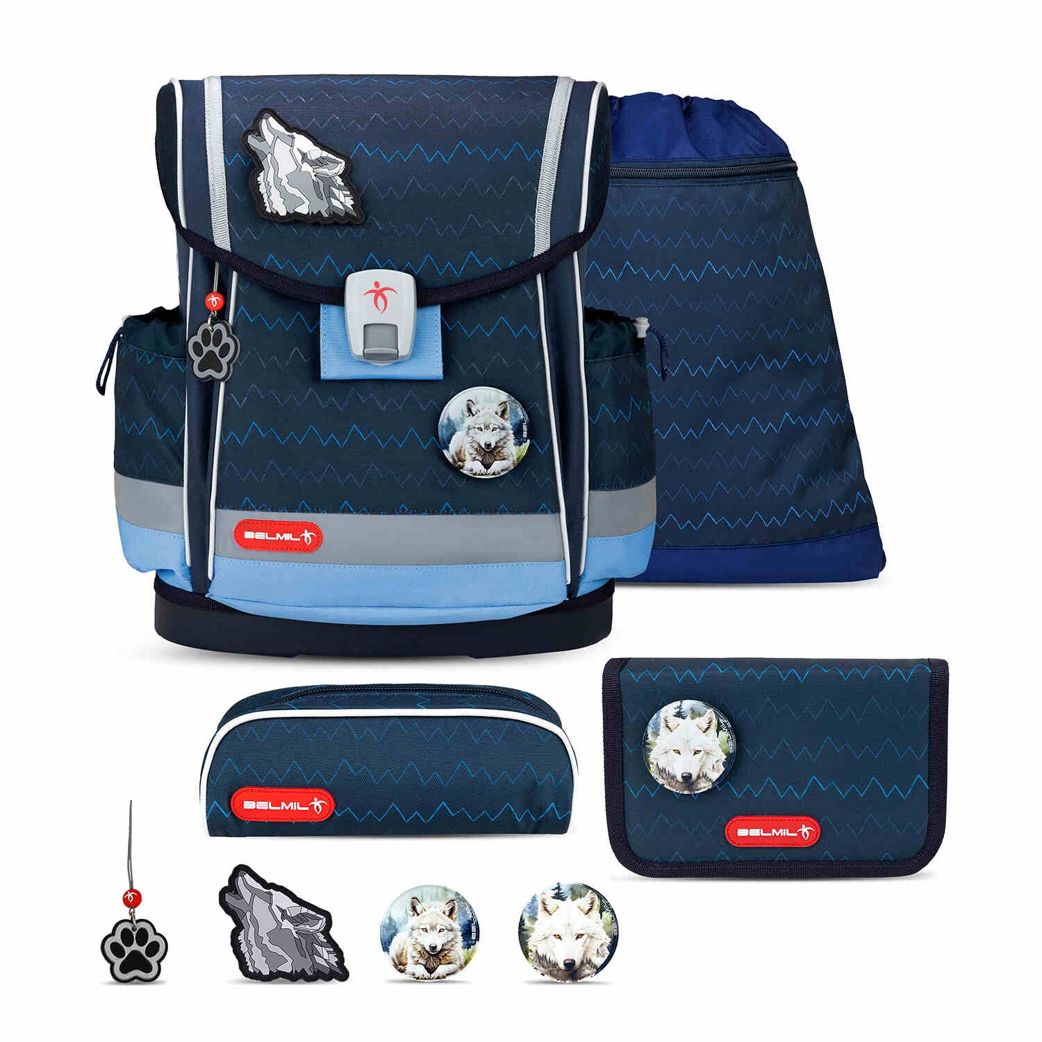 Ergonomic School Bag Set for Boys – Belmil Classy Plus Wolves School Bag Set 5 pcs featuring a close-up view of the ergonomic design.