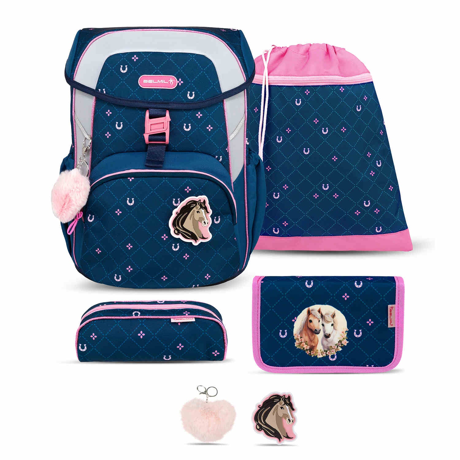 Maxi Meet your Horses schoolbag showcasing an ergonomic design part of the Ergonomic School Bag Set for Girls – Belmil Maxi Meet your Horses schoolbag set 5 pcs.