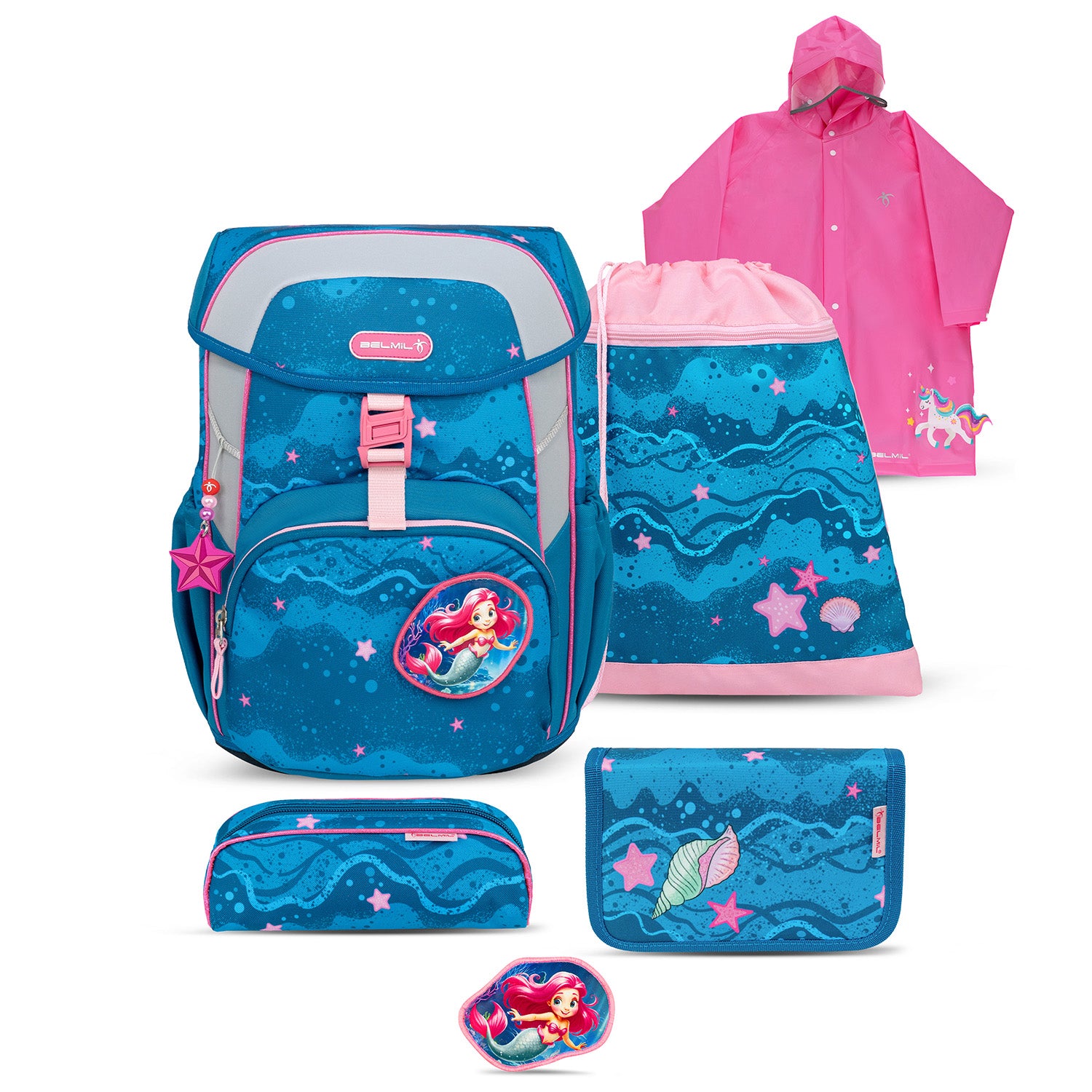 Belmil Maxi Pack Shining Fairy School Back Set for Girls – 5-Piece Set + Interchangeable Pegasus Patch Set showcasing the elegant mermaid design that captures the imagination of young girls.
