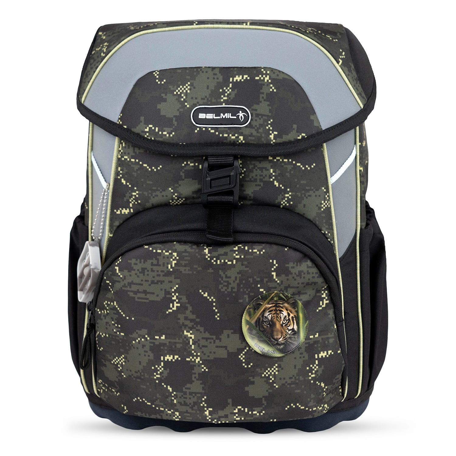 Belmil Maxi 'Night Hunter' School Bag Set for Boys + Dinosaur Raincoat – 5-Piece Set showcasing the camouflaged backpack design with fun velcro patches.