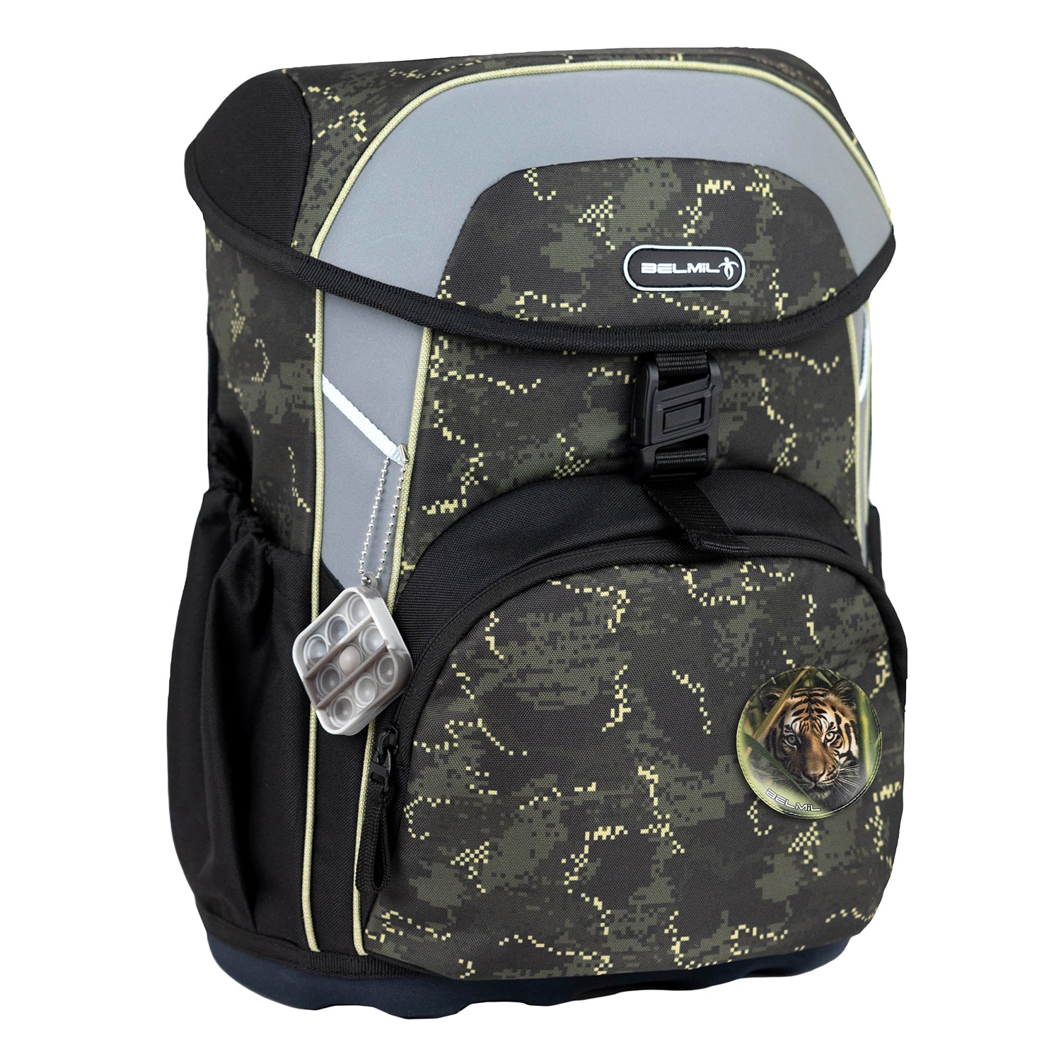 Belmil Maxi 'Night Hunter' School Bag Set for Boys + Dinosaur Raincoat – 5-Piece Set displayed with gym bag, pencil case, and expandable raincoat.