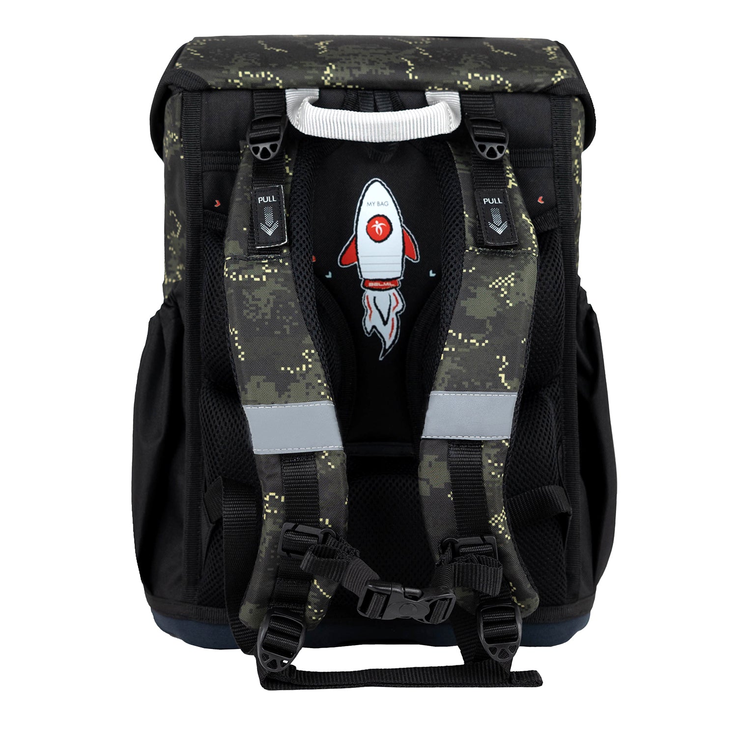 Belmil Maxi 'Night Hunter' School Bag Set for Boys + Dinosaur Raincoat – 5-Piece Set showcasing the unique patch system and design.