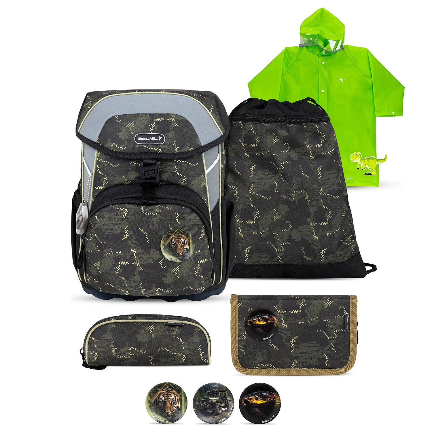 Belmil Maxi 'Night Hunter' School Bag Set for Boys + Dinosaur Raincoat – 5-Piece Set featuring adjustable padded straps and breathable back panel.