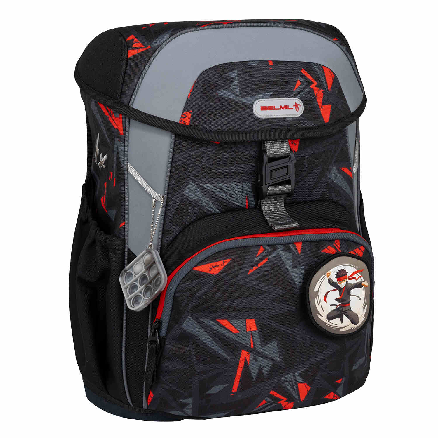 Maxi Ninja Game schoolbag with unique ninja emblem, emphasizing the playful aspect of the Ergonomic School Bag Set for Boys – Belmil Maxi Ninja Game schoolbag set 5 pcs.