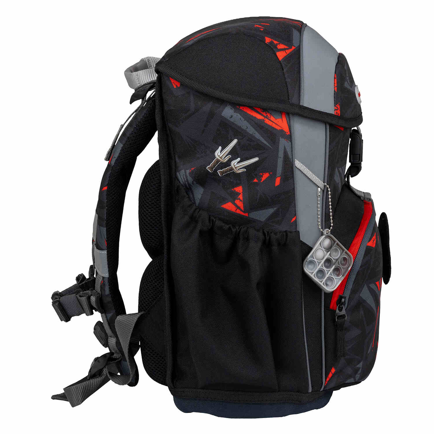 Side angle of the Maxi Ninja Game schoolbag, showcasing its pockets and ergonomic features as part of the Ergonomic School Bag Set for Boys – Belmil Maxi Ninja Game schoolbag set 5 pcs.