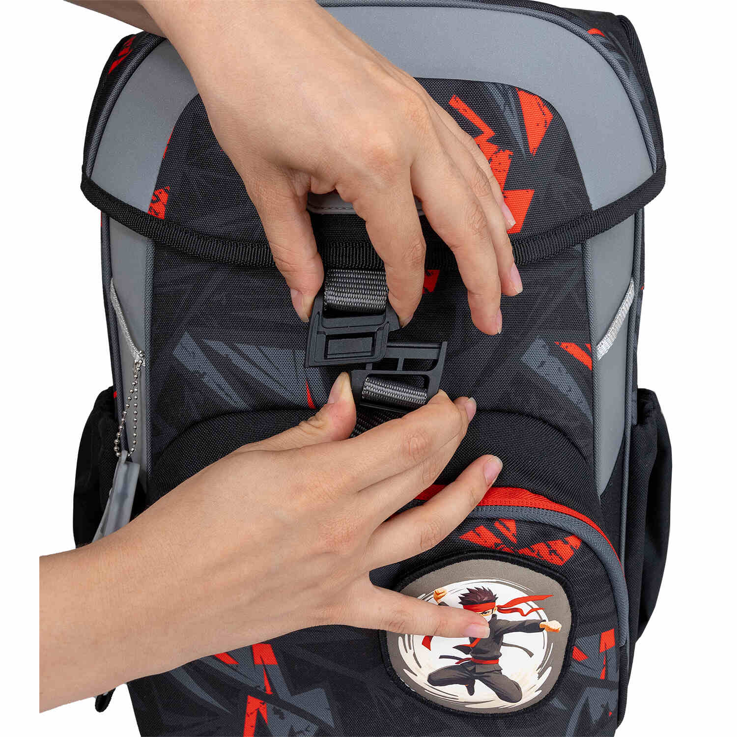 Maxi Ninja Game schoolbag with reflective elements, promoting safety for children in the Ergonomic School Bag Set for Boys – Belmil Maxi Ninja Game schoolbag set 5 pcs.
