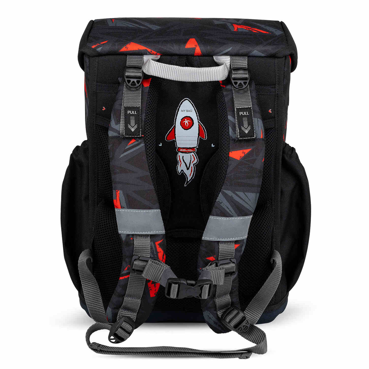 Back view of the Maxi Ninja Game schoolbag highlighting its ergonomic straps, perfect for comfort in the Ergonomic School Bag Set for Boys – Belmil Maxi Ninja Game schoolbag set 5 pcs.