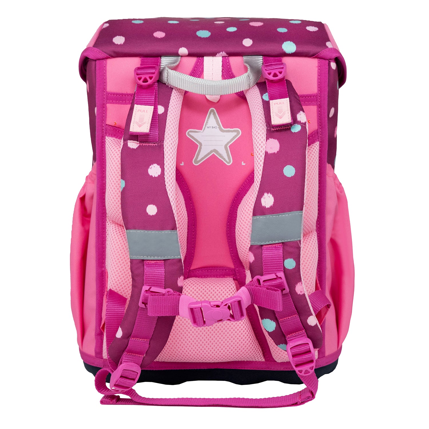 Side pockets feature of the Belmil Maxi Pack 'Starry Bubbles' School Back Set for Girls – 5-Piece Set + Unicorn Raincoat ideal for water bottles.