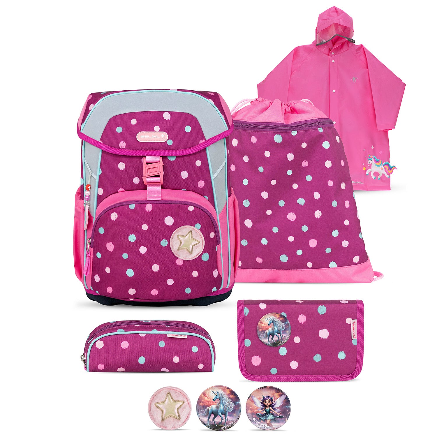 Belmil Maxi Pack 'Starry Bubbles' School Back Set for Girls – 5-Piece Set + Unicorn Raincoat features a colorful backpack design perfect for young girls.