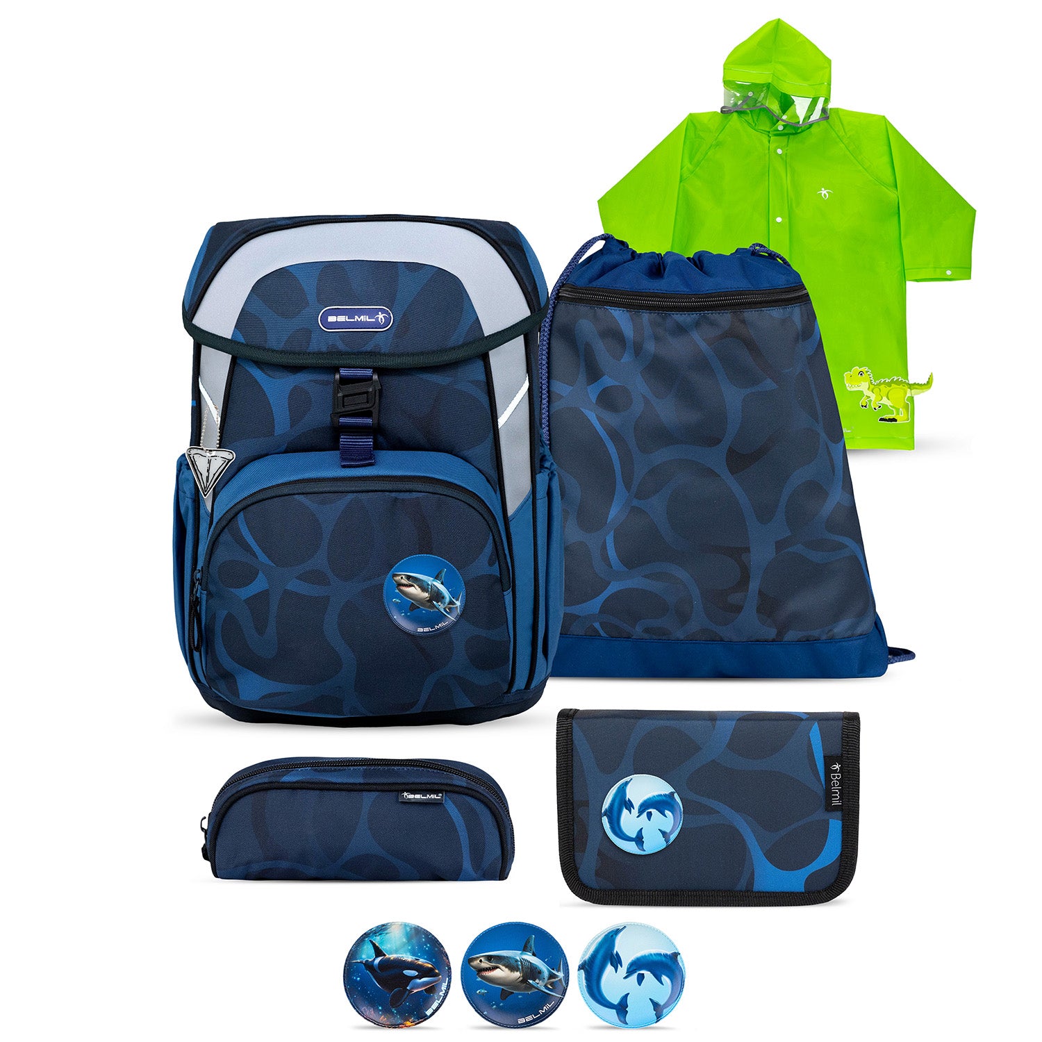 Belmil Maxi "Wave Storm" School Bag Set for Boys + Dinosaur Raincoat – 5-Piece Set featuring lightweight, ergonomic design.