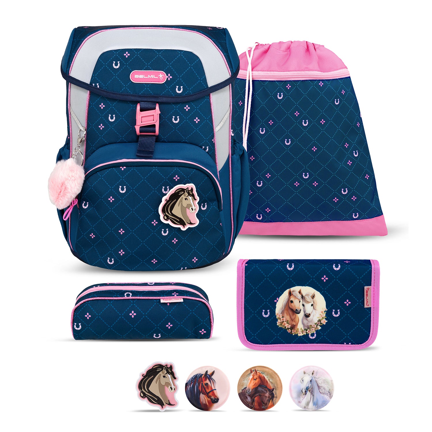 Belmil Maxi Pack Meet Your Horses School Bag with 4 Interchangeable Patches – Horse Set, featuring ergonomic design, large capacity, and interchangeable horse-themed patches for kids.