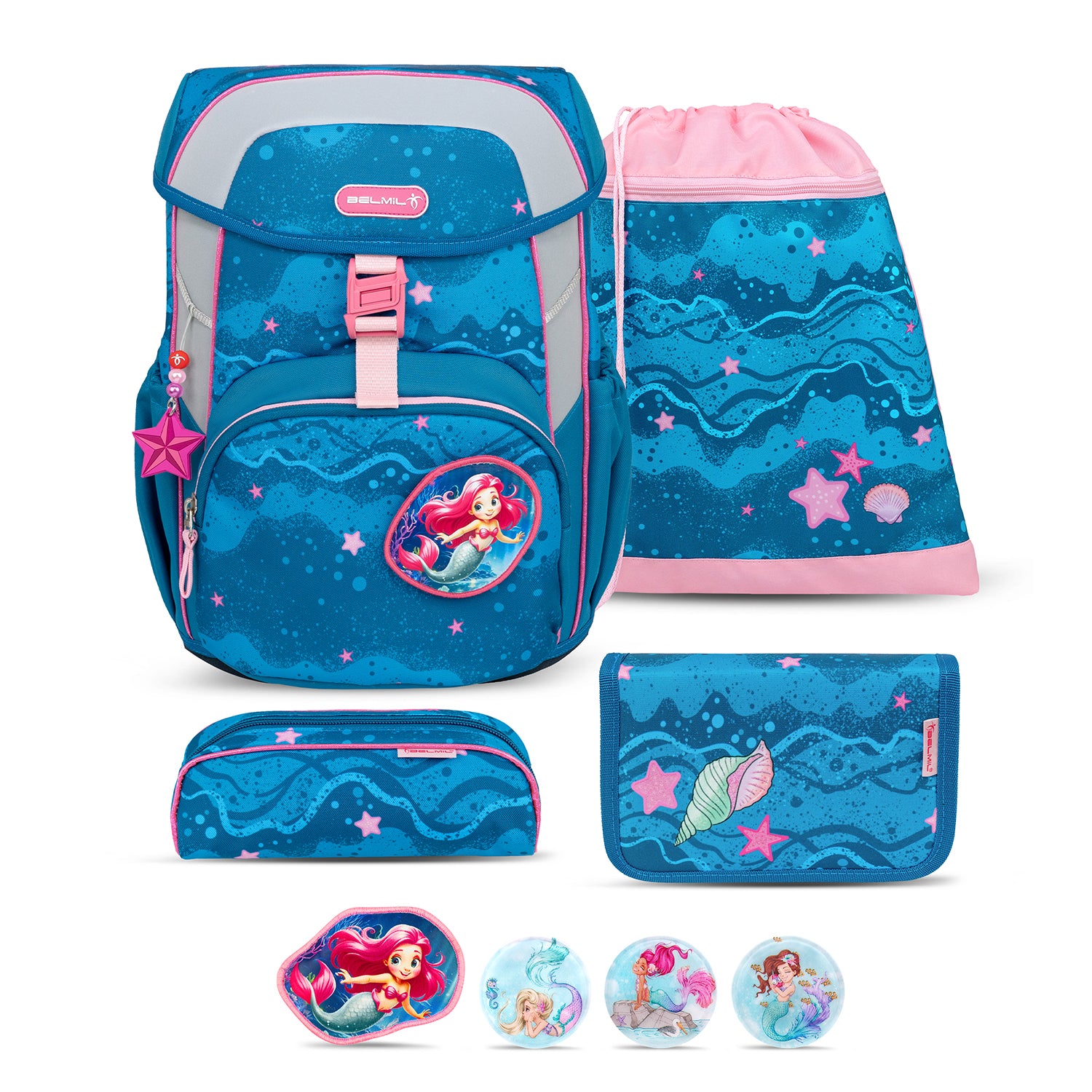 Belmil Maxi Pack Mermaid Ergonomic School Bag with 4 Interchangeable Patches – Mermaid Set, showcasing a colorful design with mermaids and ocean themes, perfect for young girls.
