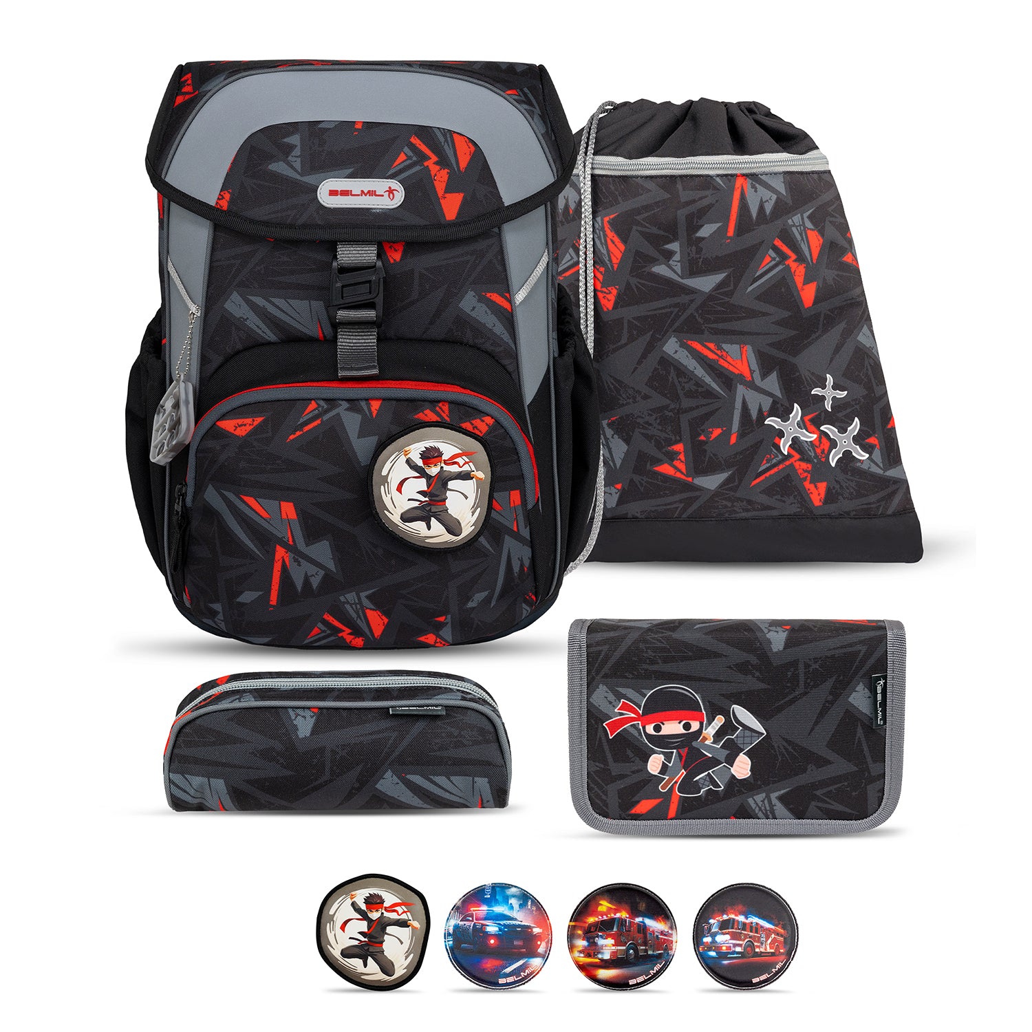 Belmil Maxi Pack Ninja Game School Bag Set for Boys – 5-Piece Set + Interchangeable Emergency Patch Set featuring dynamic ninja artwork and padded shoulder straps for comfort.