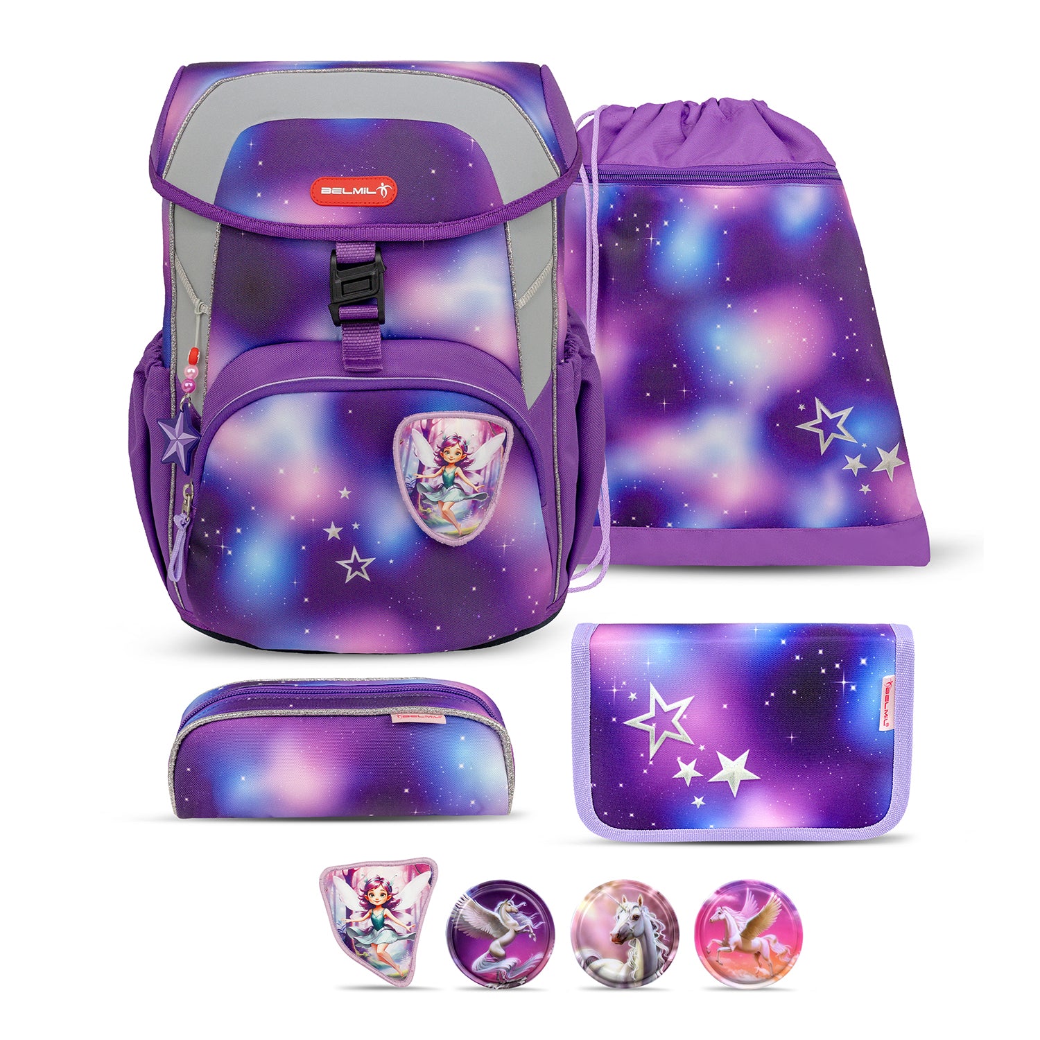 Belmil Maxi Pack Shining Fairy School Backpack with 4 Patches – Pegasus Set Included, showcasing its ergonomic design, adjustable padded shoulder straps, and magical fairy theme. Perfect for primary school girls.