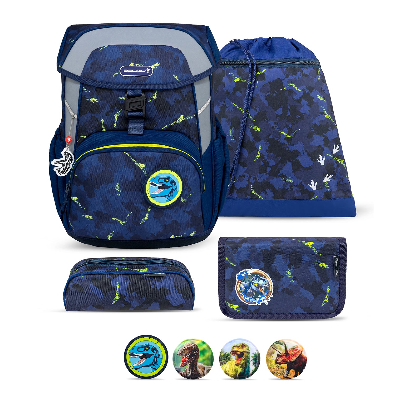 Belmil Maxi Pack T-Rexy Ergonomic School Bag Set for Boys – 5-Piece Set + Interchangeable Dinosaur Patch Set displayed with vibrant dinosaur illustrations and ergonomic features.