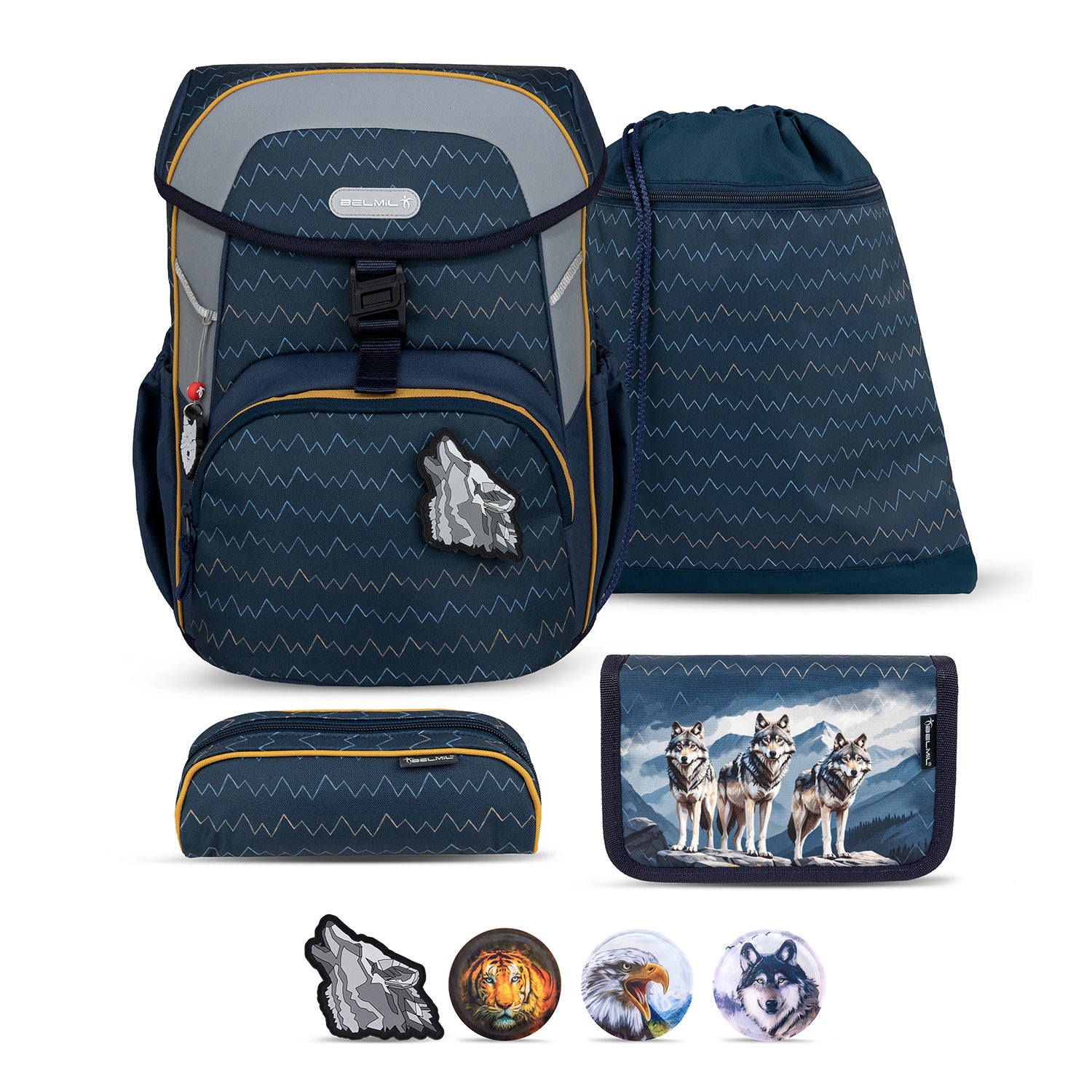 Ergonomic design of the Belmil Maxi Pack Wolfs Ergonomic School Bag Set for Boys – 5-Piece Set + Interchangeable Wolf Patch Set showcasing adjustable straps and breathable back.