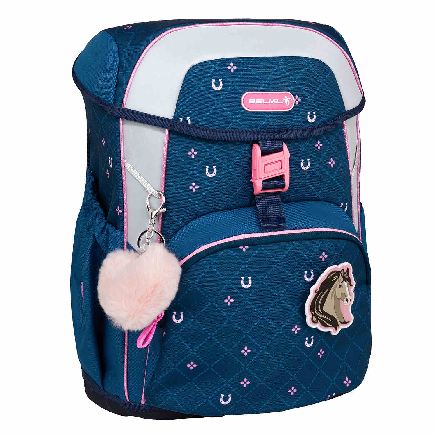 Details of the Maxi Meet your Horses schoolbag from the Ergonomic School Bag Set for Girls – Belmil Maxi Meet your Horses schoolbag set 5 pcs, featuring two side pockets for bottles.