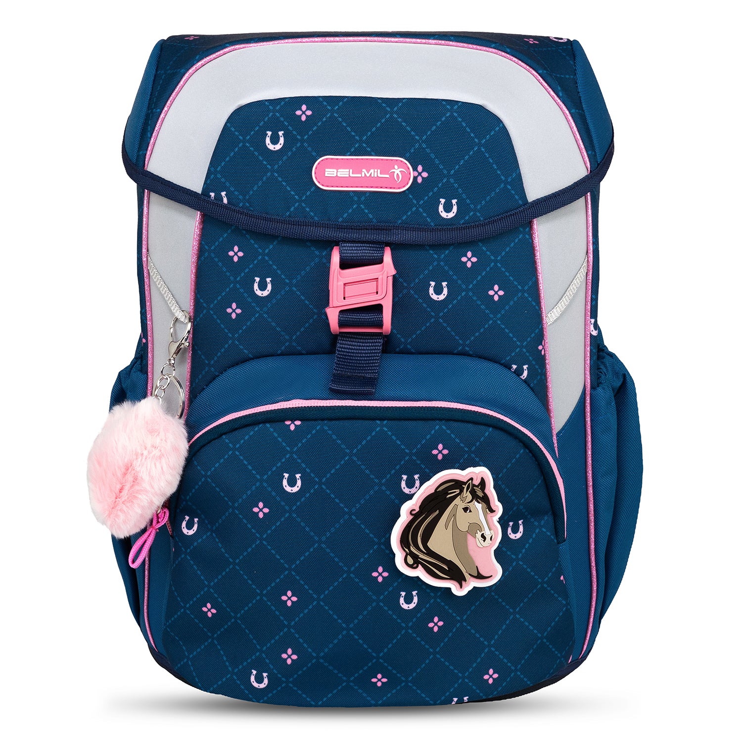 Detail of the magnetic buckle on the Ergonomic School Bag Set for Girls – Belmil Maxi Meet your Horses School Bag Set 5 pcs for easy access.