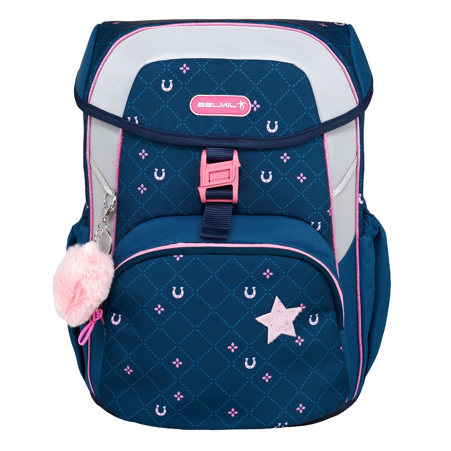 Close-up of the Belmil Maxi Pack 'Meet your Horses' school back set for girls, showcasing ergonomic design and colorful horse embellishments.