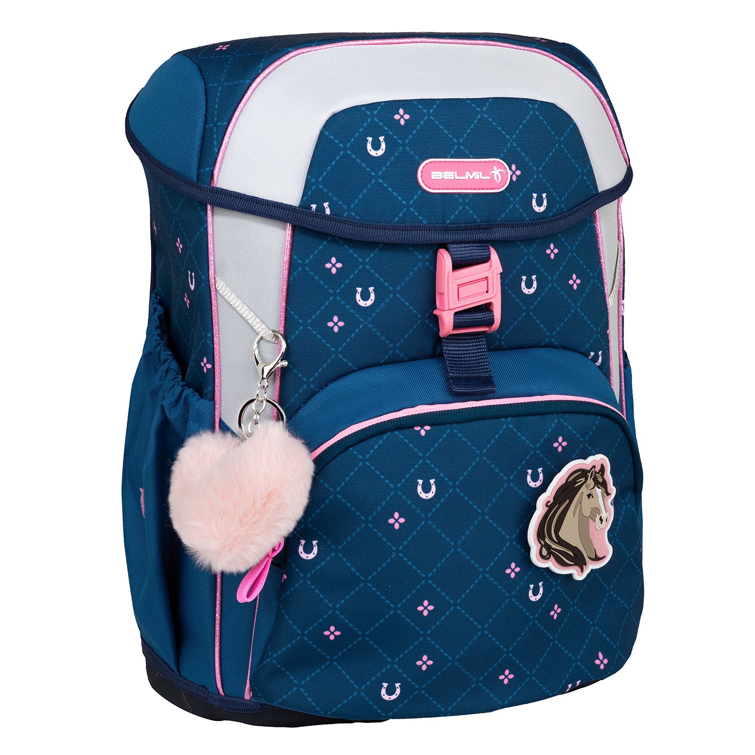 Close-up of the Ergonomic School Bag Set for Girls – Belmil Maxi Meet your Horses School Bag Set 5 pcs showcasing the playful pastel horse illustrations.