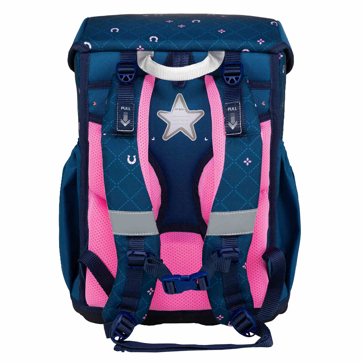 Close-up view of the ergonomic back of the Maxi Meet your Horses schoolbag, included in the Ergonomic School Bag Set for Girls – Belmil Maxi Meet your Horses schoolbag set 5 pcs.