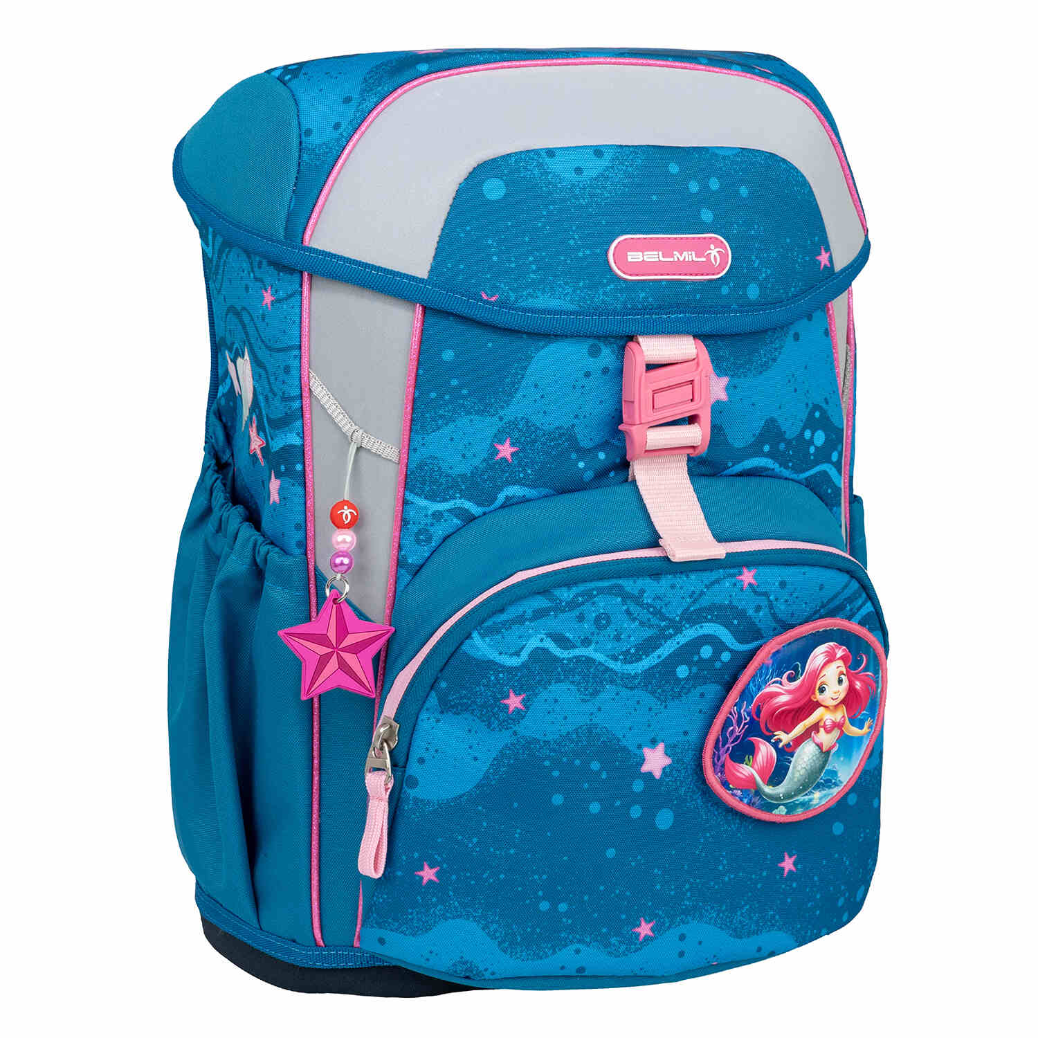 Front view of the Belmil Maxi Mermaid schoolbag set 5 pcs featuring a unique mermaid print and ergonomic design, suitable for girls who want a stylish school bag. Ergonomic School Bag Set for Girls – Belmil Maxi Mermaid schoolbag set 5 pcs.