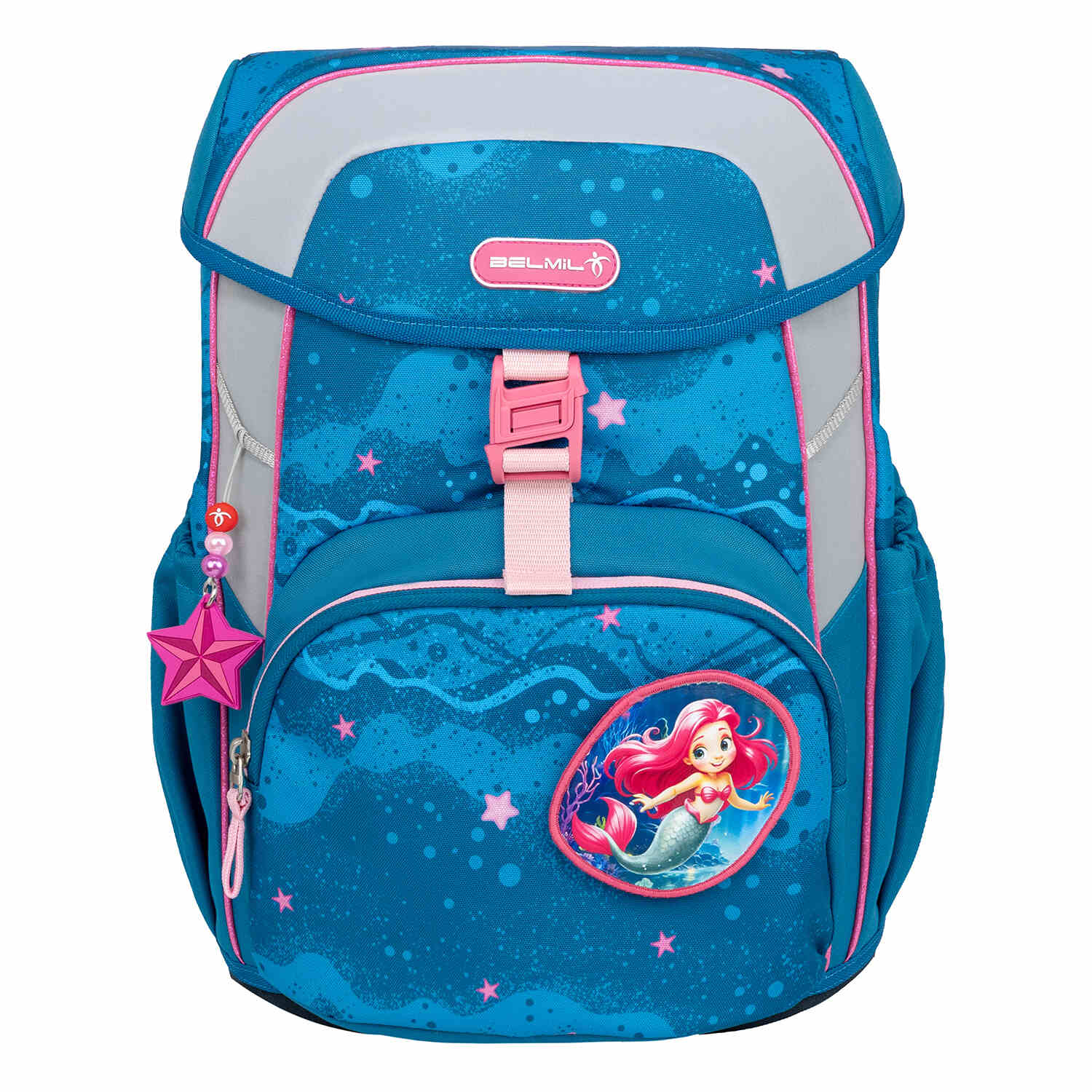Close-up of the Belmil Maxi Mermaid schoolbag set 5 pcs featuring a vibrant mermaid design, adjustable straps, and functional pockets, perfect for school-aged girls. Ergonomic School Bag Set for Girls – Belmil Maxi Mermaid schoolbag set 5 pcs.