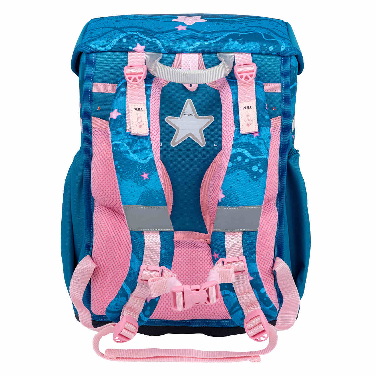 Back view of the Belmil Maxi Mermaid schoolbag set 5 pcs showcasing the padded straps for comfort, making it an ergonomic choice for girls. Ergonomic School Bag Set for Girls – Belmil Maxi Mermaid schoolbag set 5 pcs.