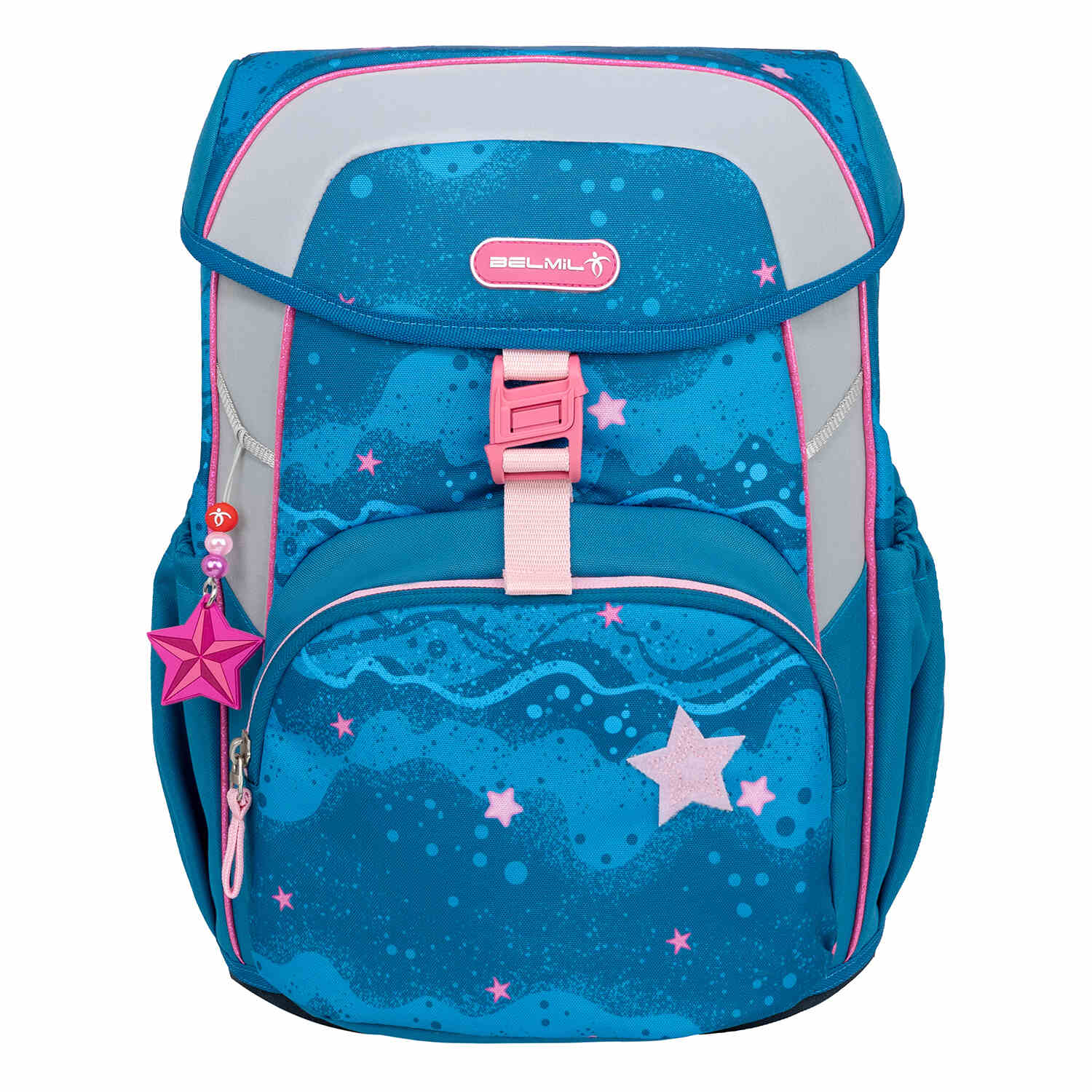 Detailed view of the Belmil Maxi Mermaid schoolbag set 5 pcs with a beautiful mermaid patch, pink accents, and a durable design, making it ideal for young girls. Ergonomic School Bag Set for Girls – Belmil Maxi Mermaid schoolbag set 5 pcs.