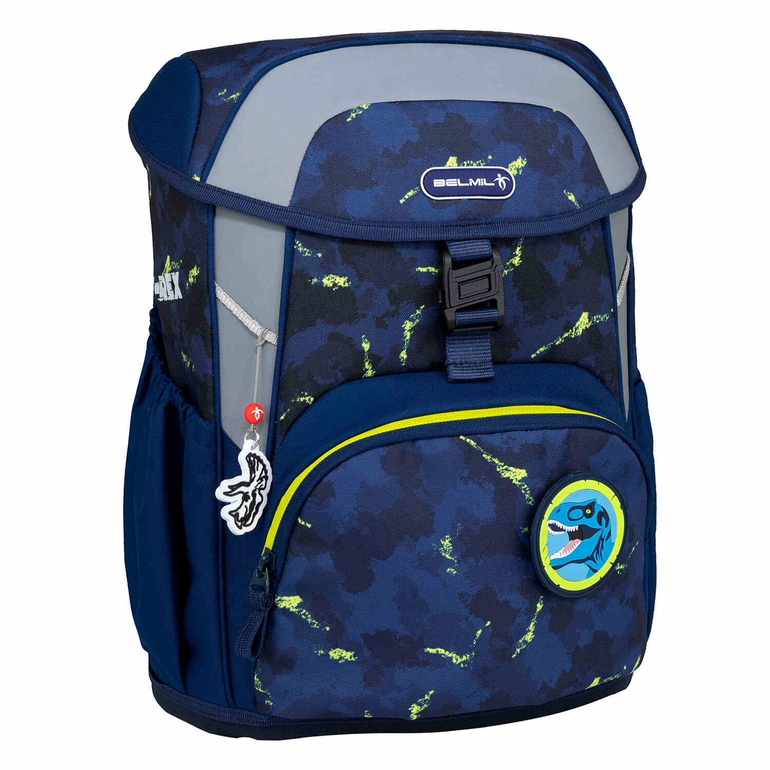 Image of the Belmil Maxi Pack T-Rexy Ergonomic School Bag Set for Boys – 5-Piece Set + Interchangeable Dinosaur Patch Set with organized compartments for school supplies.