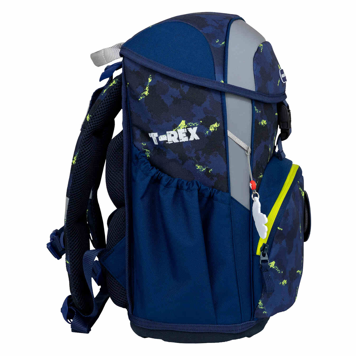 Belmil Maxi Pack T-Rexy Ergonomic School Bag Set for Boys – 5-Piece Set + Interchangeable Dinosaur Patch Set shown with a gym bag and pencil cases included.