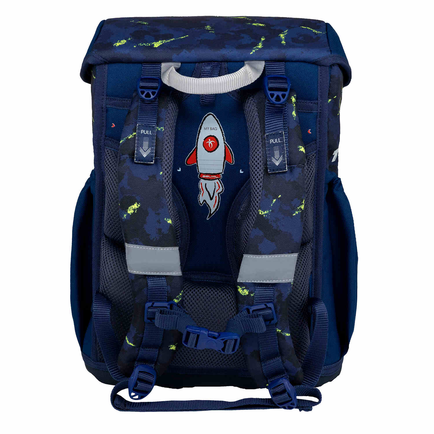 Close-up of the Belmil Maxi Pack T-Rexy Ergonomic School Bag Set for Boys – 5-Piece Set + Interchangeable Dinosaur Patch Set featuring the Fidlock magnetic buckle.