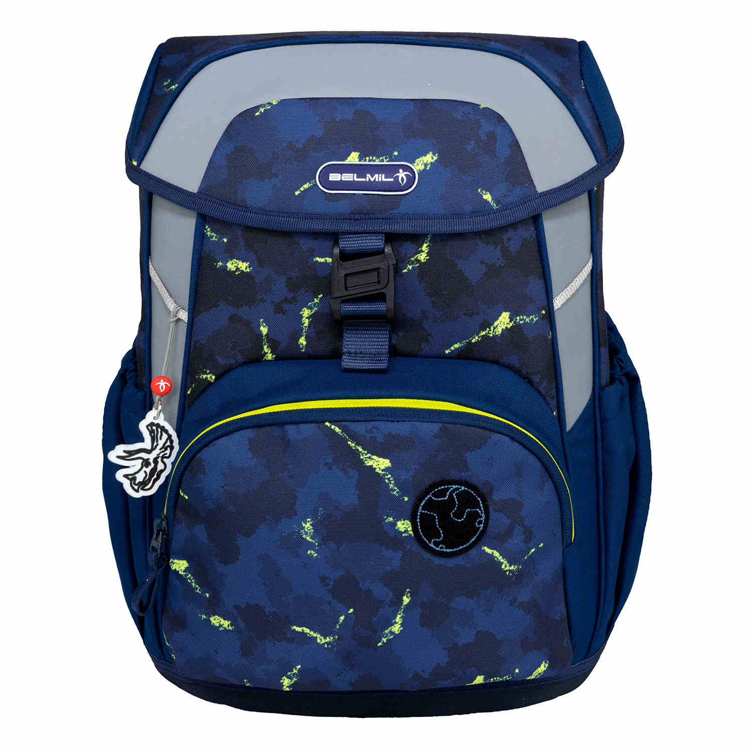 Belmil Maxi Pack T-Rexy Ergonomic School Bag Set for Boys – 5-Piece Set + Interchangeable Dinosaur Patch Set highlighting the reflective elements for safety when kids are outdoors.