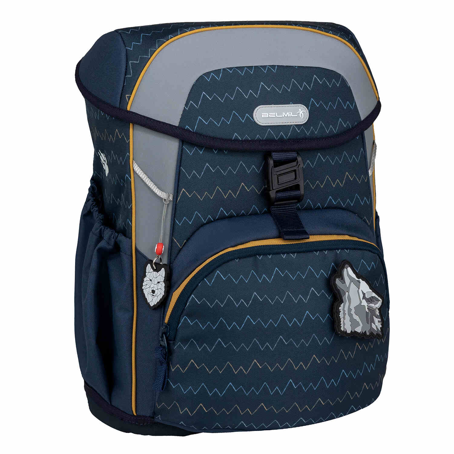Gym bag included in the Belmil Maxi Pack Wolfs Ergonomic School Bag Set for Boys – 5-Piece Set + Interchangeable Wolf Patch Set featuring wolf-themed design.