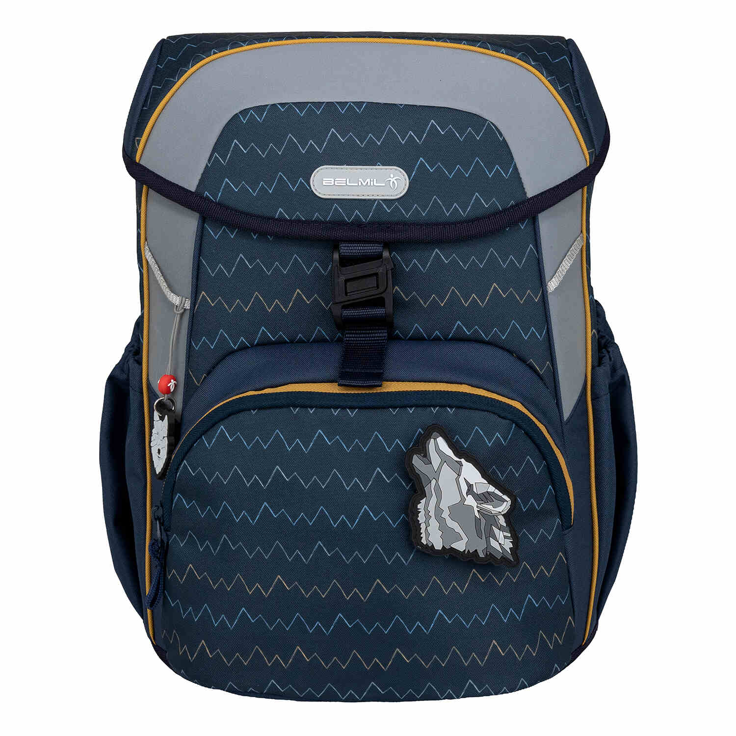 Fidlock magnetic buckle detail of the Belmil Maxi Pack Wolfs Ergonomic School Bag Set for Boys – 5-Piece Set + Interchangeable Wolf Patch Set for easy access.