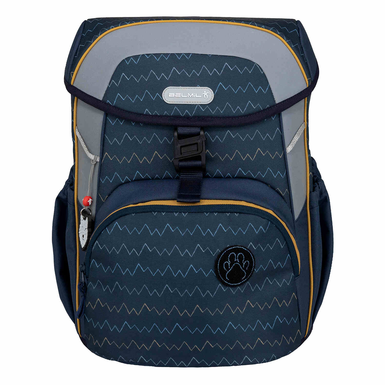 Reflective safety elements on the Belmil Maxi Pack Wolfs Ergonomic School Bag Set for Boys – 5-Piece Set + Interchangeable Wolf Patch Set to enhance visibility.