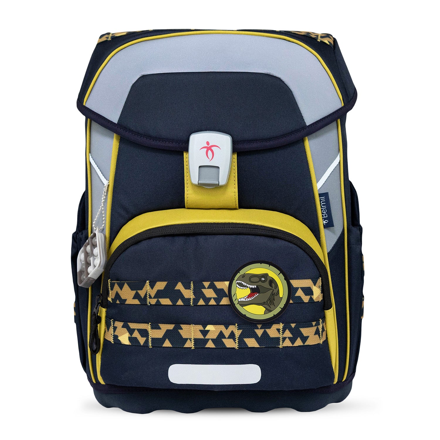 Close-up of the Premium Belmil School Bag Set for Boys – Maxi Plus "Explorer" schoolbag set + Dinosaur Raincoat - 7-piece Set featuring the removable chest strap and padded hip belt.